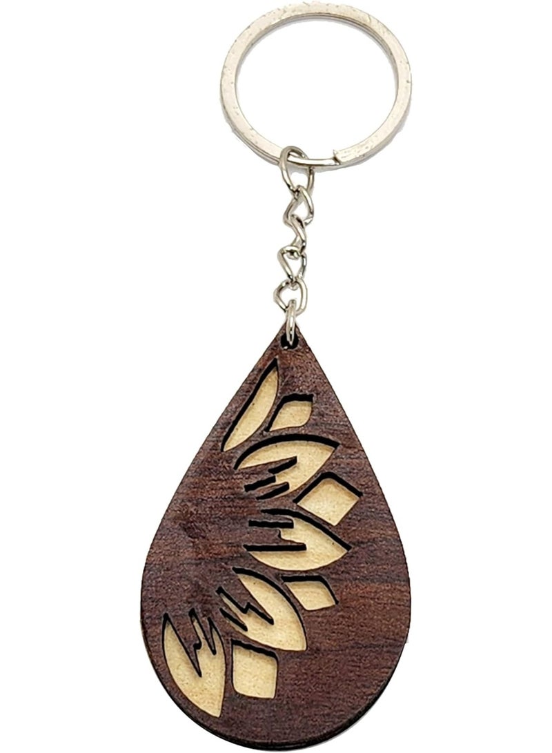 Kipfy Wooden Abstract Leaf Design Keychain – Laser Cut Teardrop Shape Key Ring for Men & Women - Image 1